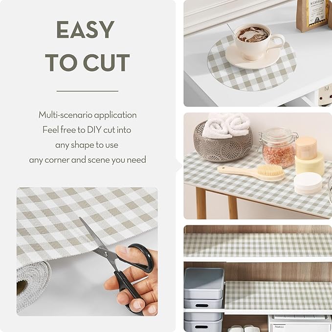 Drawer and Shelf Liner, Non-Slip Kitchen Cabinet Liners Non-Adhesive Thick Strong Grip Waterproof Washable Mats Protect Dresser Shelves Cupboard Bathroom Cabinets, Green Plaid, 12 in X 30 FT