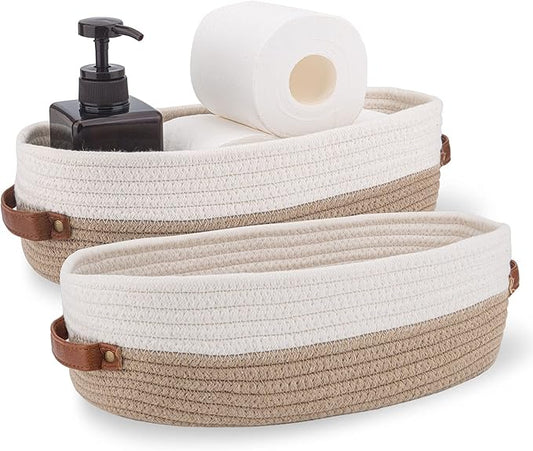 2 Pack Cotton Rope Bathroom Decor Basket,Toilet Paper Holder Basket,Farmhouse Home Decor Organizing Baskets 13"x5.9"x4" Brown Stitching White