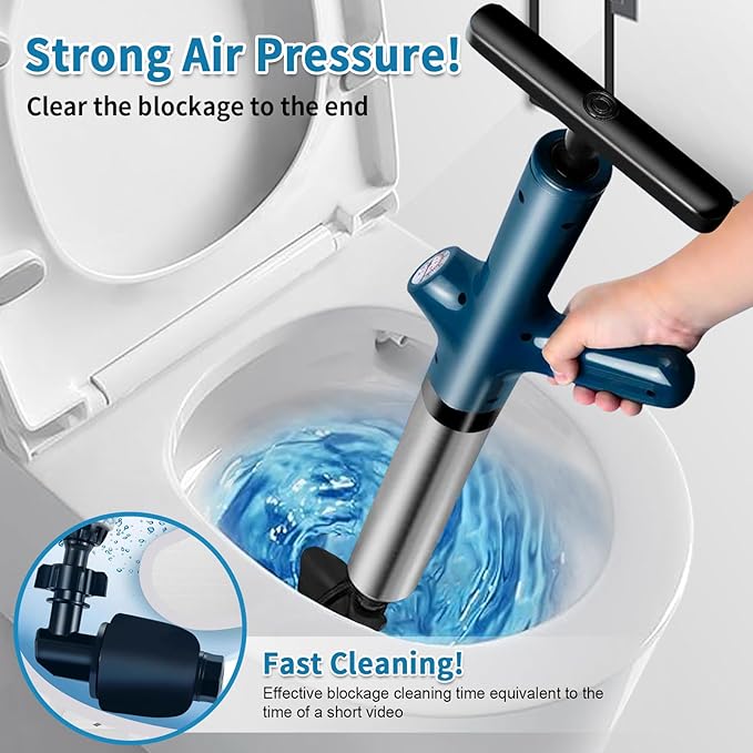 High Pressure Toilet Plunge, Power Toilet Plunger Drain Clog Remover, Multi-Drain Unclogger For Toilets, Bathroom, Sink, Floor & Kitchen Clogs, Stainless Steel Design With Real-Time Pressure Gauge