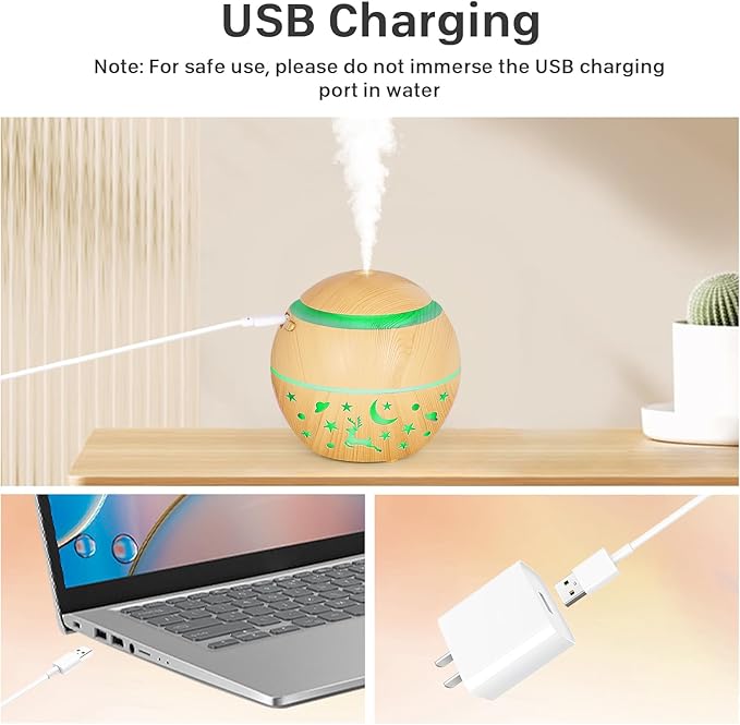 200ml Essential Oil Diffuser, Small Humidifiers for Bedroom with USB Charging, LED Lights, 2 Filter Sticks, Portable Wood Grain Quiet Aromatherapy Mist Diffusers, Gift for Girls