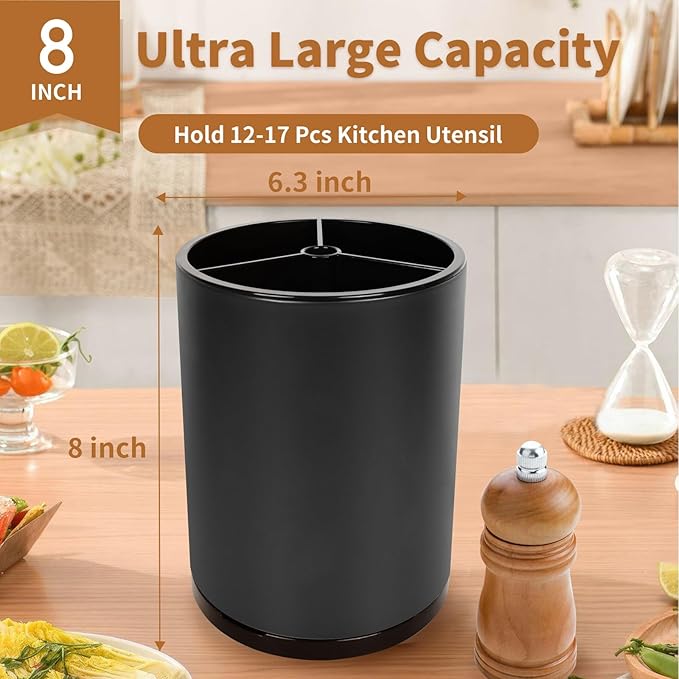 Extra Large Kitchen Utensil Holder, 360° Rotating Stainless Steel Cooking Utensil Holder for Countertop, 3 Compartment Flatware Organizer & Cooking Caddy with Removable Base（Black）