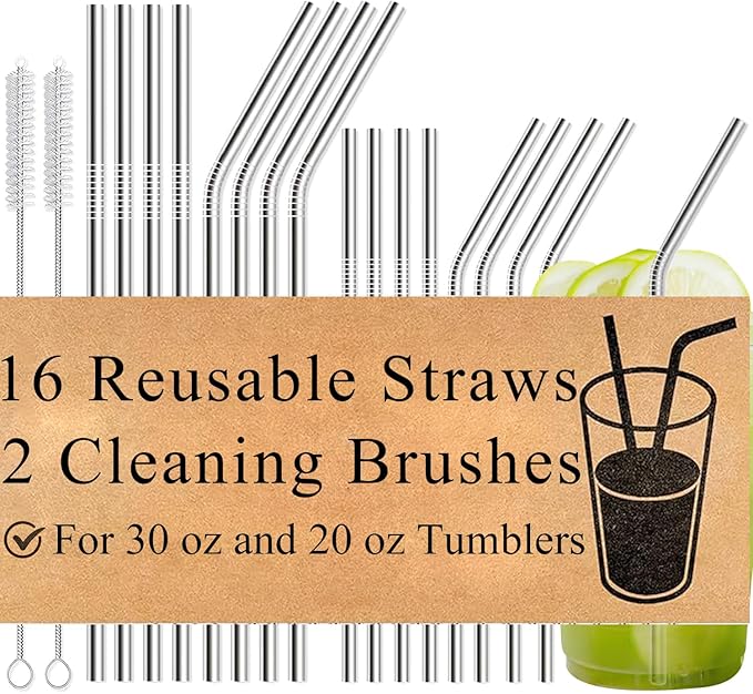 18-Pack Reusable Stainless Steel Metal Straws with Cleaning Brush - Long Metal Straws Drinking for 30 oz and 20 oz Tumbler Eco Friendly