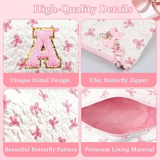 Initial Makeup Bag, Christmas Gifts for Women Teens Girls Birthday Gift Personalized Bow Cosmetic Bag, Quilted Cosmetic Travel Toiletry Pouch, Cute Makeup Organizer Teen Girl Gifts Trendy Stuff, K