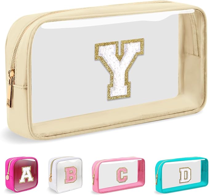Small Clear Personalized Initial Makeup Bag, Preppy A-Z Chenille Letter Patch Cosmetic Bag, Cute Transparent Nylon Waterproof Zipper Beach Varsity Letter Pouch, Gift for Women Girls(Beige-White Y)
