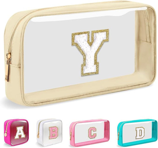 Small Clear Personalized Initial Makeup Bag, Preppy A-Z Chenille Letter Patch Cosmetic Bag, Cute Transparent Nylon Waterproof Zipper Beach Varsity Letter Pouch, Gift for Women Girls(Beige-White Y)
