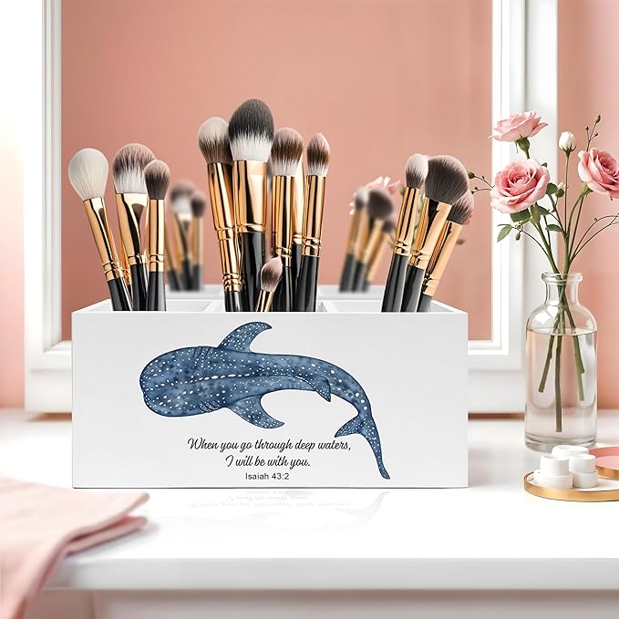 Whale Shark Bible Verses Pen Pencil Holder, Inspirational Christian Desk Decor, When You Go Through Deep Waters Scripture Pencil Pen Holder Organizer for Home Office Desk Accessories