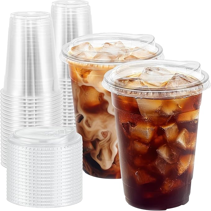 BYSNOW 100 Pack 16 oz Clear Plastic Cups with Lids, Disposable Iced Coffee Cups with Sip Lids, Sturdy Plastic Smoothie Cups for Cold Drinks