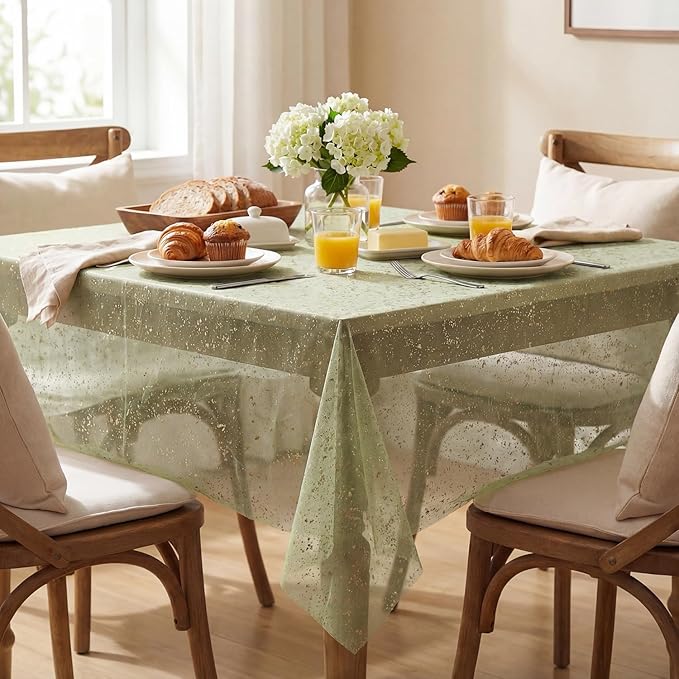 Horaldaily Sage Green Gauze Tablecloth 60x140 Inch Rectangular, Golden Sequin Glitter Metallic Foil, Sheer Tulle Cheesecloth for Wedding Baby Shower Ceremony Birthday