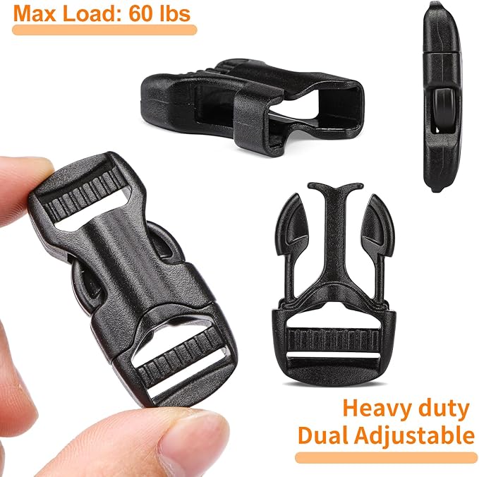 5/8" Buckle and Strap Set: 6 Yards of Thick Nylon Webbing, 6 Pack Quick Side Release Adjustable Plastic Buckles, 12 Tri-Glide Slide Clips, Black (5/8 Inch Combo Set)