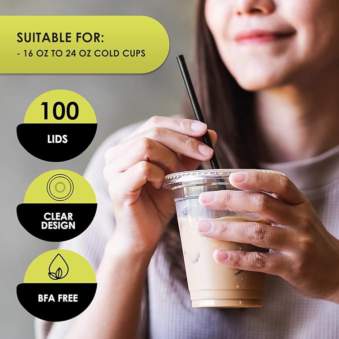 PAMI Clear Plastic Flat Lids with Straw Slot for 16 Oz Cups [Pack of 100] Fits 16, 20, 24 Oz Cups Disposable Leakproof BPA-Free PET Lids