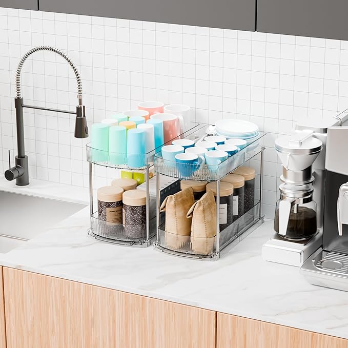 Yieach 2 Sets 2 Tier Pull Out Kitchen Under Sink Organizer and Clear Bathroom Undersink Organizers for Cleaning Products Storage,12.8 Inch Tall Sliding inder Cabinet Shelf,Under Counter Organization