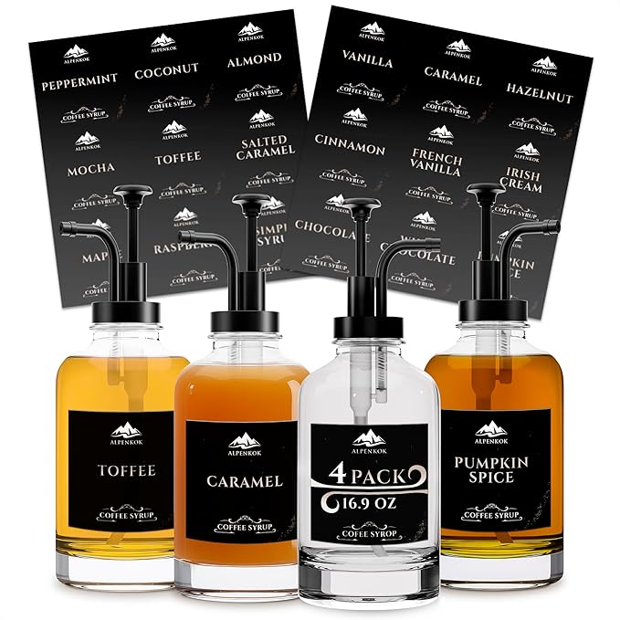 Set of 4 Glass Syrup Dispensers 16.9oz 500 ml – Pump Coffee Dispenser with 18 Marked Labels, Leak-Proof, Easy Cleaning – Coffee Essentials for Coffee Bar | Parties & Event Ready (Black Pumps)