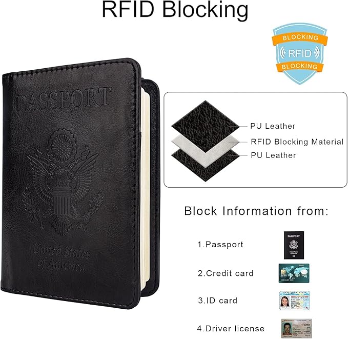 WALNEW Passport Holder for Travel, RFID Passport Cover Wallet for Women Men, PU Leather Passport Book Card Holder Case with Pen, Travelling Essentials for Flying