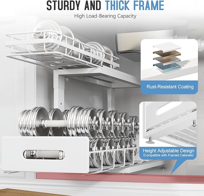 1 Pack 18 IN Depth Under Sink Organizer with Smooth Ball Bearing Slides, 2-Tier Pull Out Cabinet Storage, Slide Out Drawers for Bathroom & Kitchen, Rust-resistant Coating, Height Adjustable-White