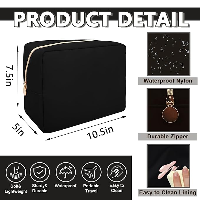 Waterproof Large Makeup Pouch,Nylon Women Travel Toiletry Storage Preppy Cosmetic Bag for Girls,Big Makeup Organizer Bag Cute Zipper Pouch for Sport Work Gift(Large-Black)