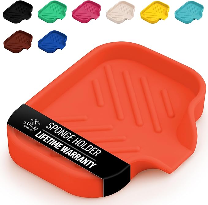 Zulay Kitchen Small Silicone Sponge Holder (4.9x3.3”) – Space-Saving Sink Organizer Tray for Sponge, Soap, Brush & More – Compact Non-Slip Dish for Kitchen & Bathroom (Orange)