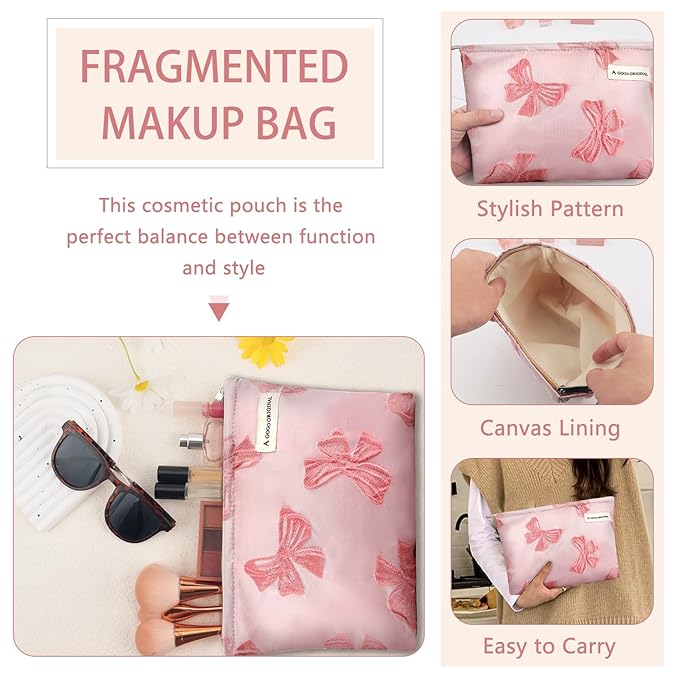 ZLFSRQ Bow Makeup Bag Travel Cute Bow Embossed Cosmetic Bag for Women Small Pink Bow Makeup Zipper Portable Storage Toiletry Pouch for Purse Aesthetic Christmas Essential Cosmetic Organizer