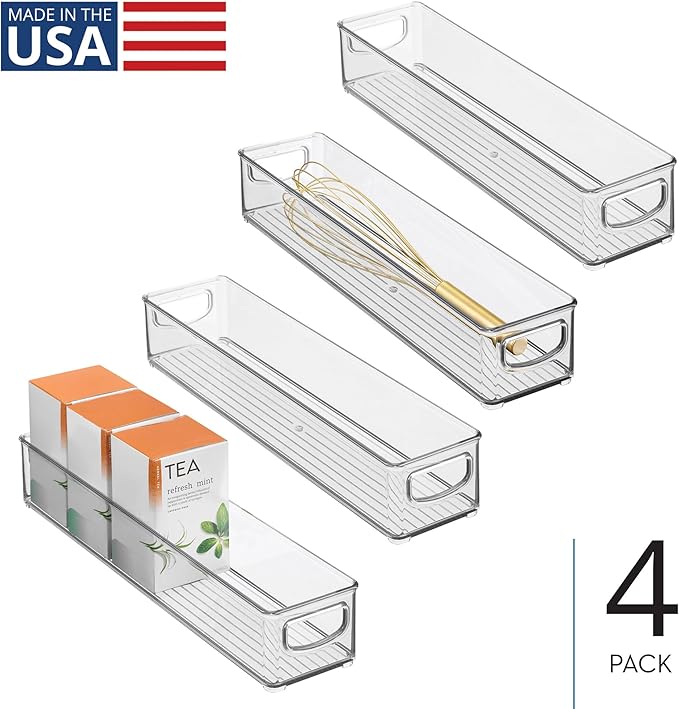 iDesign Slim Clear Plastic Storage Bin, Extra Long Narrow Stackable Organizer for Kitchen and Pantry, 4-Pack