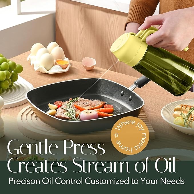 YARRAMATE 16oz/470ml Light-Blocking Dark Oil Sprayer for Cooking, 2 in 1 Olive Oil Dispenser Bottle for Kitchen, Premium Dark Green Glass Oil Bottle, Food-Grade Oil Mister for Air Fryer, BBQ (Pomelo)