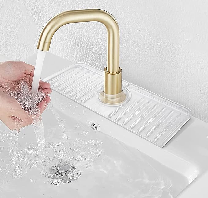 Sink Splash Guard 14.4” x 5.4” - Sink Faucet Mat with Faucet Water Catcher Mat & Soap Dish & Sponge Holder 3 in 1 - Silicone Faucet Handle Drip Catcher Tray for Kitchen RV & Bar Faucet, Clear