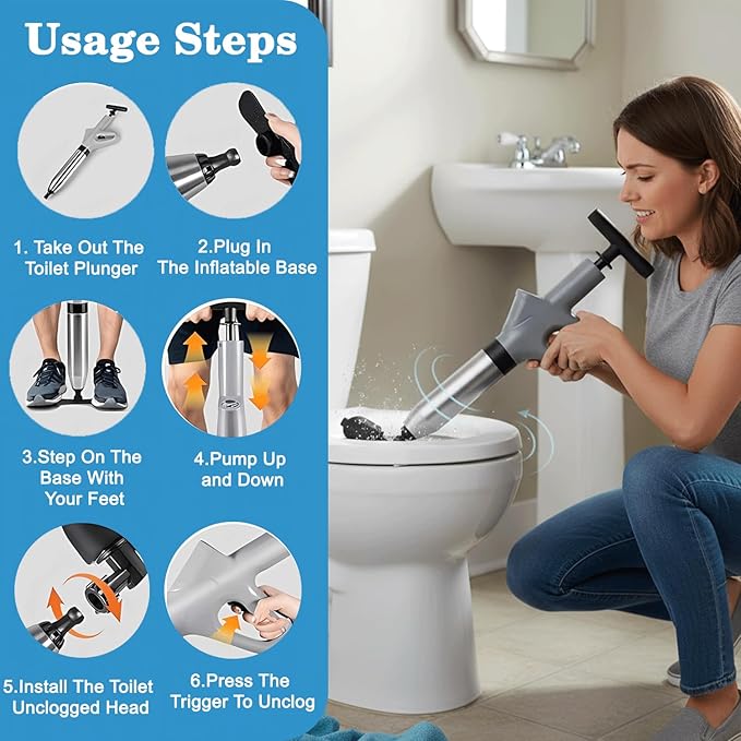 Toilet Plunger, High Pressure Toilet Plunger with Gloves,2 Hair Snake,2 Hair Filters, Toilet Auger Air Drain Blaster with Real-Time, Heavy Duty Plunger for Bathroom and Kitchen Plumbing Clogs