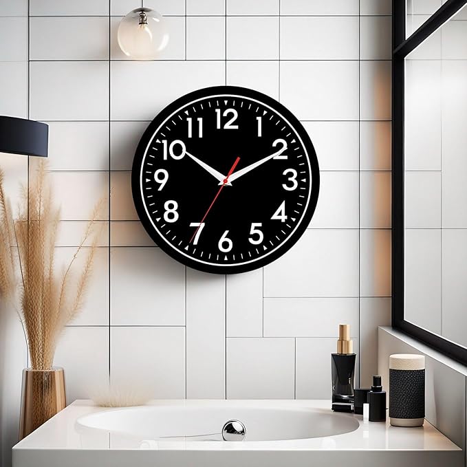Wall Clock Black Battery Operated 10 Inch Simple Silent Non-Ticking Analog Decorative for Kitchen Bathroom Bedroom Office Living Room School Classroom (Black)
