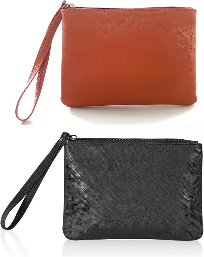 2 Pack Small Zipper Pouch Mini Makeup Bag for Purse Lipstick Cosmetic Travel Make Up Organizer for Women Essentials, Car Change Coin Holder 4.5 x 6.5 Clutch Stadium Approved Wristlet, Black Brown