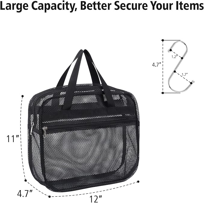 F-color Mesh Shower Caddy Portable with Zipper - Dorm Room Essentials for Guys and Girls with S Hook, Shower Bag Basket Tote for College, Camping, Toiletry, Bathroom, Black