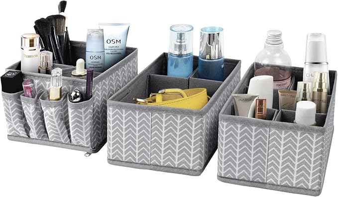 VERONLY Cosmetic Storage Bins Makeup Organizer, Adjustable Multifunction Storage Box Desk Drawer Divider for Makeup Brushes, Bathroom Countertop or Dresser, Set of 3 (Grey)