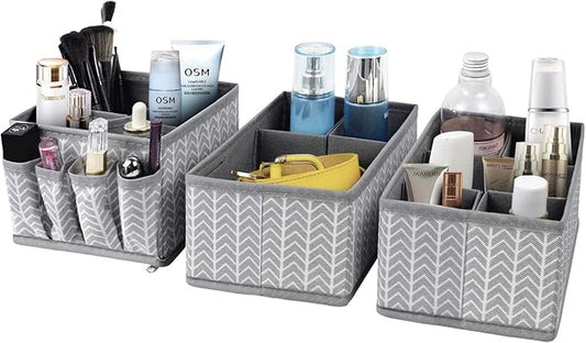 VERONLY Cosmetic Storage Bins Makeup Organizer, Adjustable Multifunction Storage Box Desk Drawer Divider for Makeup Brushes, Bathroom Countertop or Dresser, Set of 3 (Grey)