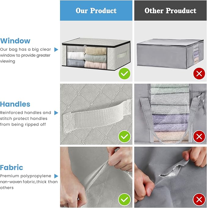 HomeHacks Storage 3-Pack Clothes Organizer Storage Bags Foldable Storage Box with Large Clear Window Sturdy Handles for Closet, Dorm, Pillows, Bedding, Clothes, Blankets, 35L, Ivory