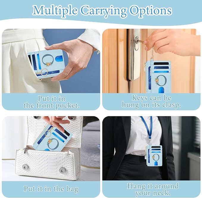 Credit Card Holder for Women Slim Minimalist Front Pocket RFID Blocking Wallet Small Compact Card Case with ID Window Zipper Pocket, Personalized Bridesmaid Gifts for Mom,O (Blue)