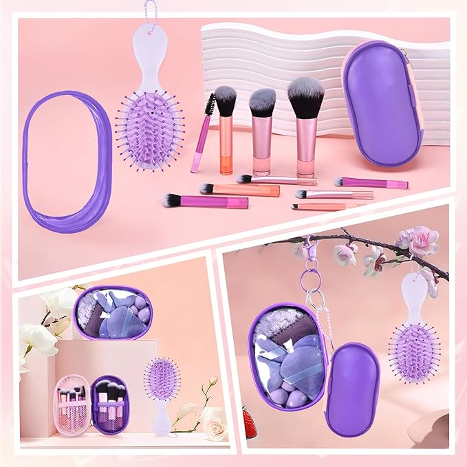 Travel Makeup Brush Set, 77Pcs Mini Makeup Kit Synthetic Foundation Concealers Eye Shadows Brushes Powder Puff with Eyelash Curler Eyebrow Razor Comb Mirror Hair Clips Cosmetic Bag (Purple)