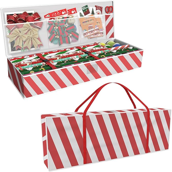 Safana Wrapping Paper Organizer Storage Bag, 42" Durable 600d Oxford Christmas Gift Wrapping Organizer Box Under Bed Storage Containers for Decorations Paper Rolls, Ribbons, Balls, Bows (Red Stripe)
