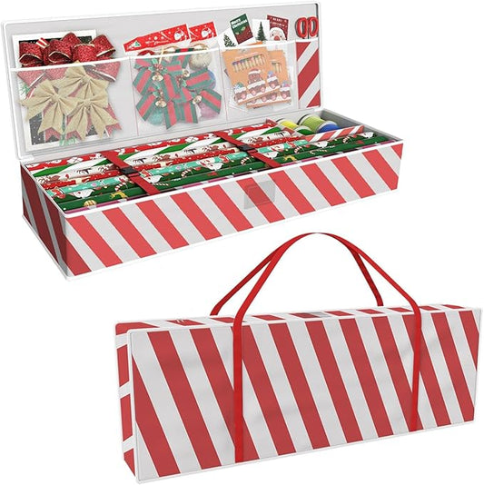 Safana Wrapping Paper Organizer Storage Bag, 42" Durable 600d Oxford Christmas Gift Wrapping Organizer Box Under Bed Storage Containers for Decorations Paper Rolls, Ribbons, Balls, Bows (Red Stripe)