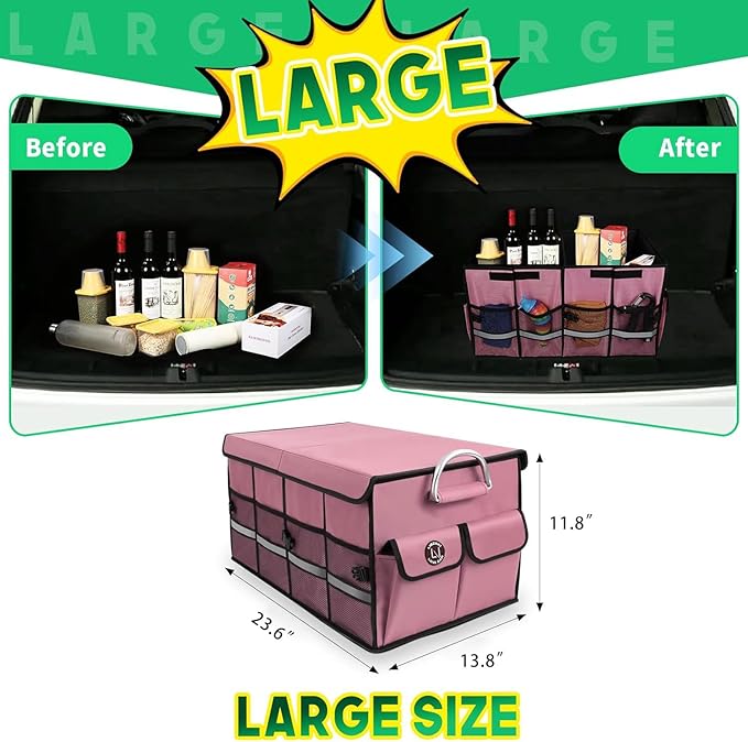 LI LIBZAKI Car Trunk Organizer, Cargo Organizer SUV Trunk Storage Non Slip Bottom Waterproof Collapsible Durable Multi Compartments-(Standard,Pink)