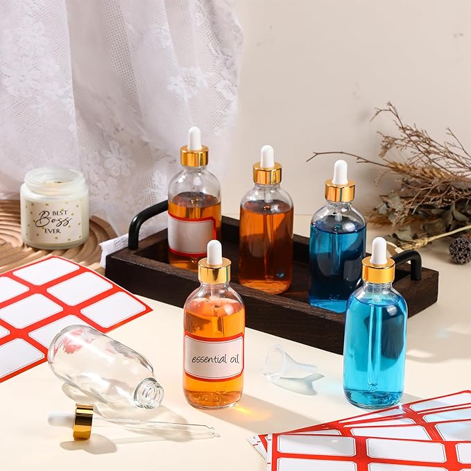 Fumete 2 Pack Glass Bottles 4oz Empty Refillable Liquid Containers with 1 Label 1 Funnel for Essential Oils Hair Travel Plants Cleaning Skin Care (Clear, Gold Top,Dropper Bottle)