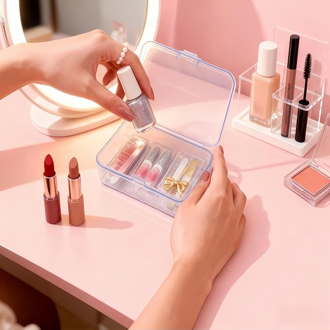 LJY 28 Pieces Rectangular Empty Mini Clear Plastic Organizer Storage Box Containers with Hinged Lids (3.3 x 2.2 x 1 inch, Blue)