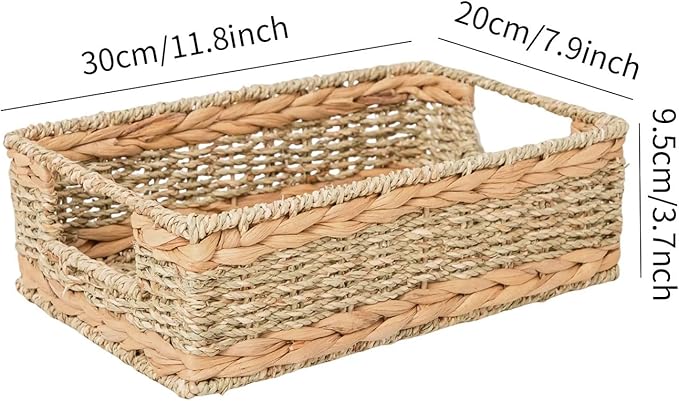 Water Hyacinth Storage Basket - Small Rustic Rectangle Woven basket Organizer with Handle for Home & Office Decor (Hyacinth&Seagrass)