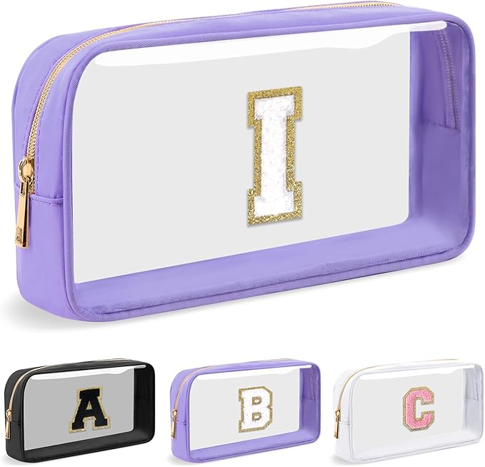 Personalized Initial Letter Clear Makeup Bag, Preppy Small Nylon & PVC Cosmetic Zipper Bag with Chenille Letter, Travel Skincare Toiletry Bag, Monogram Christmas Gift for Teen Girls Women