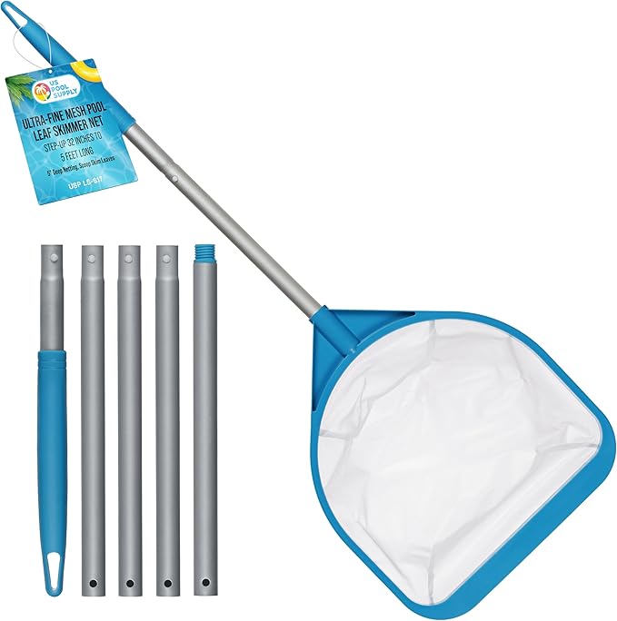 U.S. Pool Supply Pool and Spa Skimmer Net with Pole, Handheld Ultra-Fine Mesh Pool Leaf Skimmer Net - Hand Held Spa, Hot Tub, Pond Cleaning - Step-Up 32" to 5 Feet Long, 5" Deep Netting, Scoop Skim