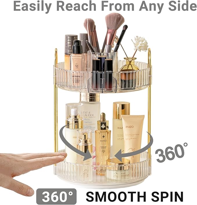 360 Rotating Makeup Organizer, 2 Tier Large Capacity Make Up Organizers and Storage, Skincare Perfume Vanity Organizers, Bathroom Cosmetics Storage Organizer Countertop (Clear)