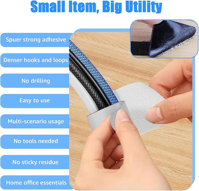 80PCS Hook and Loop Cable Ties, Hook and Loop Cable Straps, Under Desk Cable Management, Adhesive Cable Clips, Sticky-Back Cord Organizer for Desk, Household & Office Organization (White+Gray)