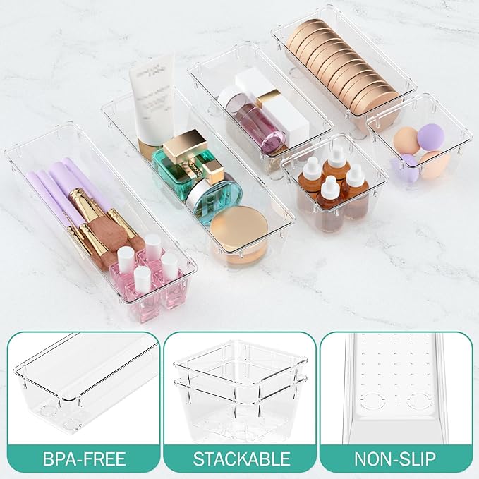 WOWBOX 12 Pack Clear Drawer Organizer Set, Acrylic Drawer Storage Trays, Storage Bins for Makeup, Cosmetics, Jewelries, Utensils, Gadgets, Office