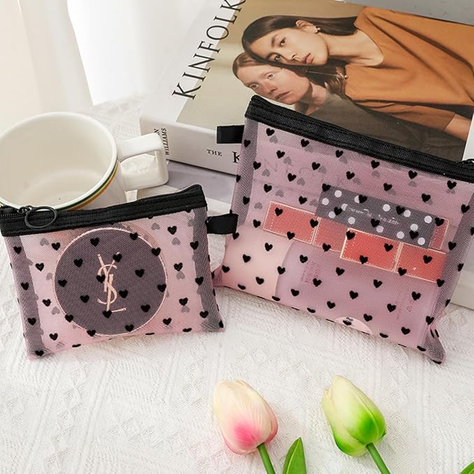 4-Piece Heart Printed Mesh Makeup Bag Set, Portable Travel Mesh Cosmetic Bags Toiletry Bags Makeup Purse Bags, Zipper Storage Pouches for Home Offices Travel Accessories (Pink)