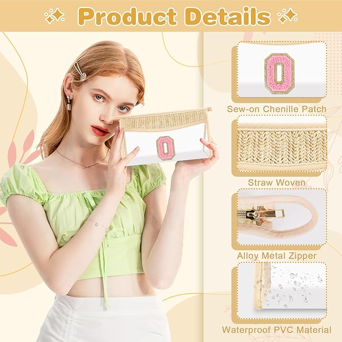 Small Boho Straw Initial Letter Makeup Bag Personalized Gift ,Cute Clear Chenille Patch Makeup Bag With Zipper,Trendy TSA Approved Travel Toiletry Bag,Gift for Women Girls Birthday Friend, Letter O