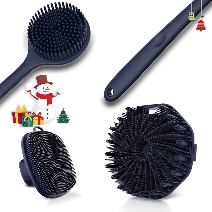 3 PCS Silicone Bath Brush Set,Back Scrubber & Body Brush & Face Brush Set, Super-Exfoliating & Lathering Body Scrubber, Shower Brush, Face Scrubber Combination for HomeBathroom Hotel Travel.(Blue)