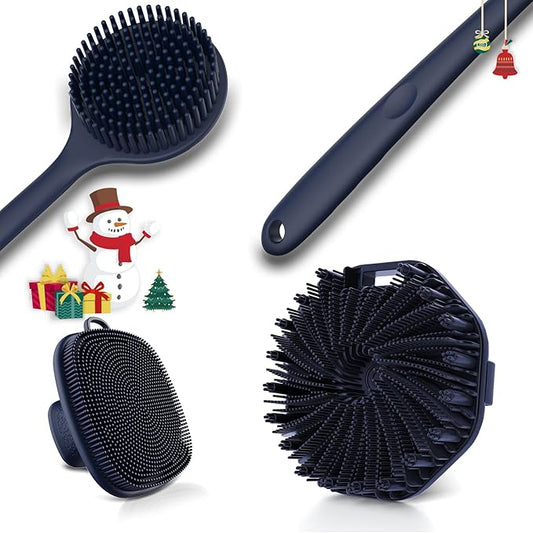 3 PCS Silicone Bath Brush Set,Back Scrubber & Body Brush & Face Brush Set, Super-Exfoliating & Lathering Body Scrubber, Shower Brush, Face Scrubber Combination for HomeBathroom Hotel Travel.(Blue)