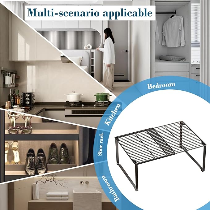 Extendable Metal Wire Shelf Organizer - Adjustable 15-24.4in Length, Stackable Storage Rack for Kitchen/Pantry/Bathroom/Shoe Cabinet/Tool Closet (2,Black)