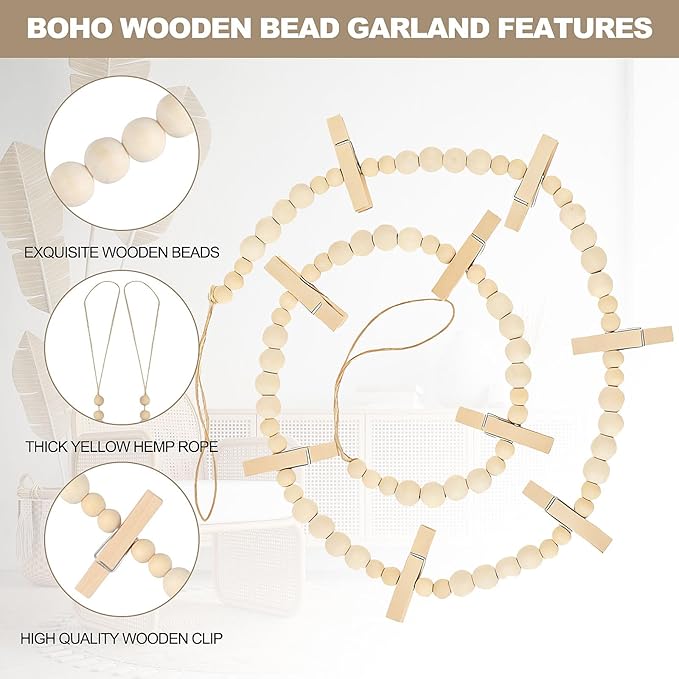 2 Pack Hanging Photo Display with Clips, Boho Wooden Bead Garland Wall Decor, Collage Picture Frame String with 9 Clips for Bedroom Living Room Dorm Office, Christmas Birthday Gifts for Teen Girls